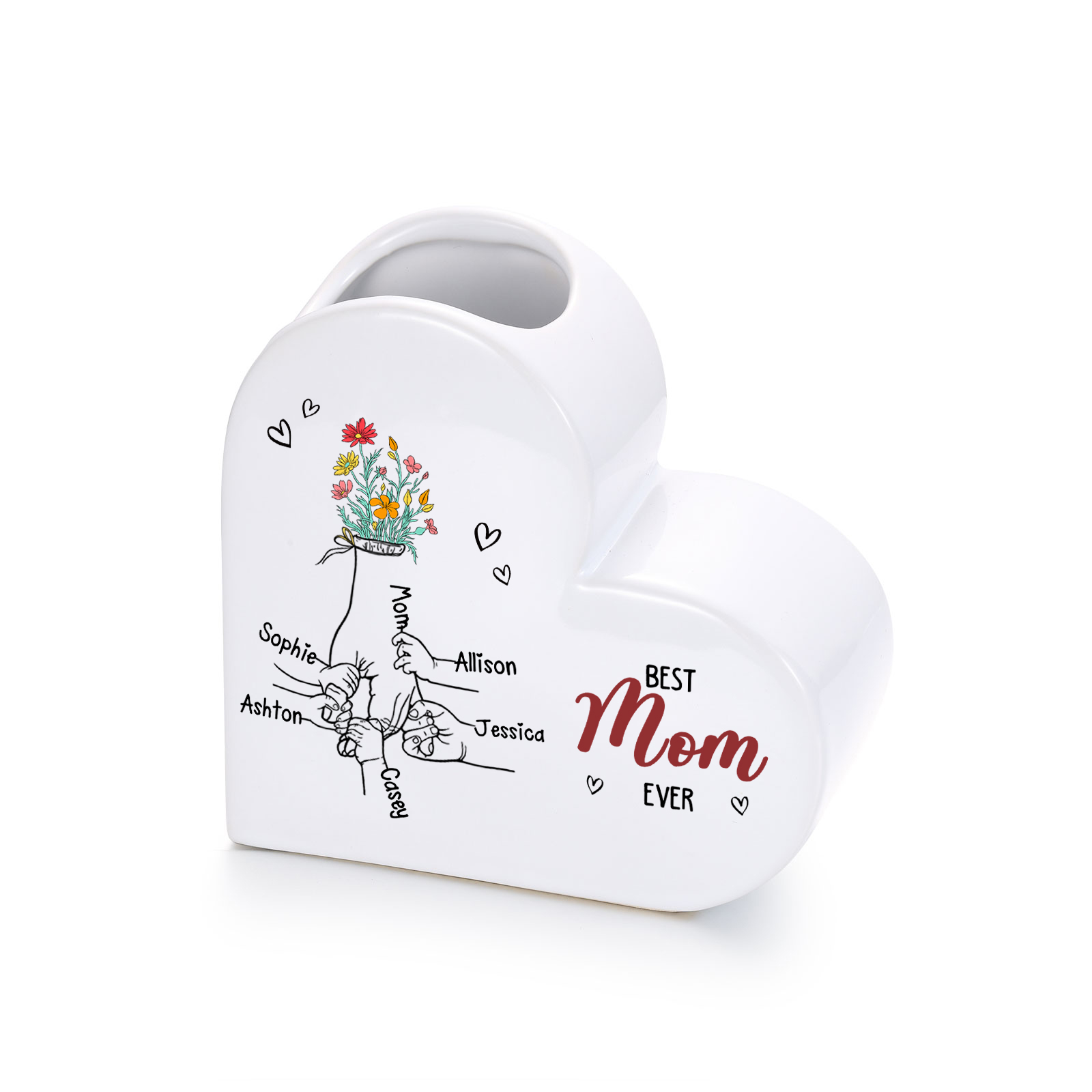Personalized Heart Flower Vase “Best Mom/Grandma Ever” Custom 2–7 Names Ceramic Vase