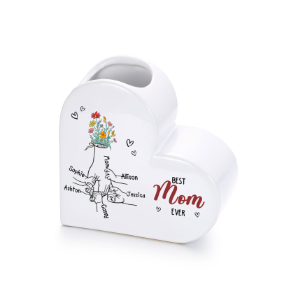 Personalized Heart Flower Vase “Best Mom/Grandma Ever” Custom 2–7 Names Ceramic Vase