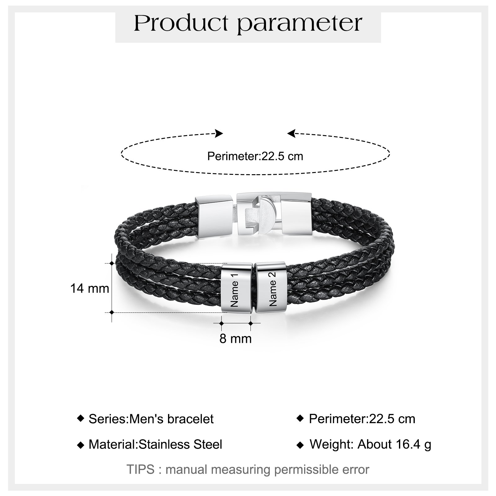 Personalized Braided Leather Bracelet Engraved 2 Names Men's Bracelet Gifts For Him