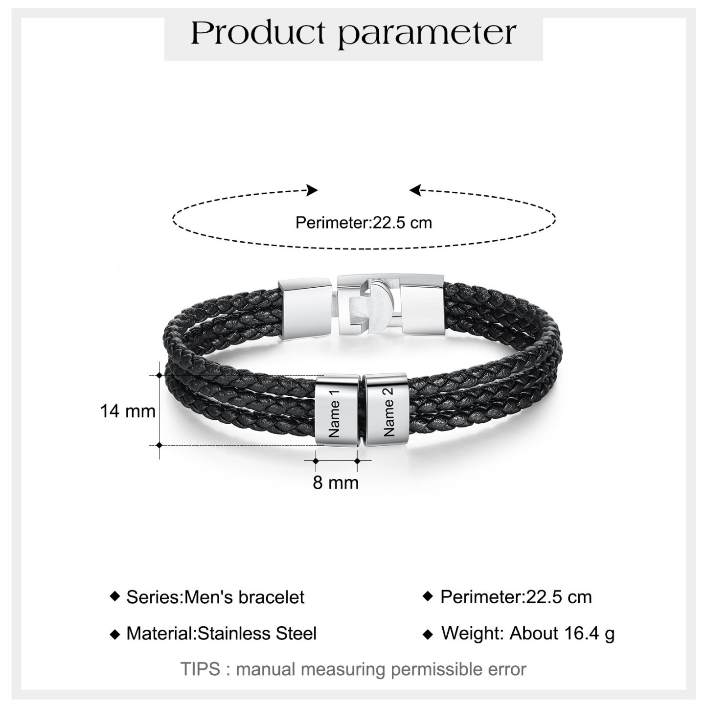 Personalized Braided Leather Bracelet Engraved 2 Names Men's Bracelet Gifts For Him