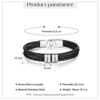 Personalized Braided Leather Bracelet Engraved 2 Names Men's Bracelet Gifts For Him