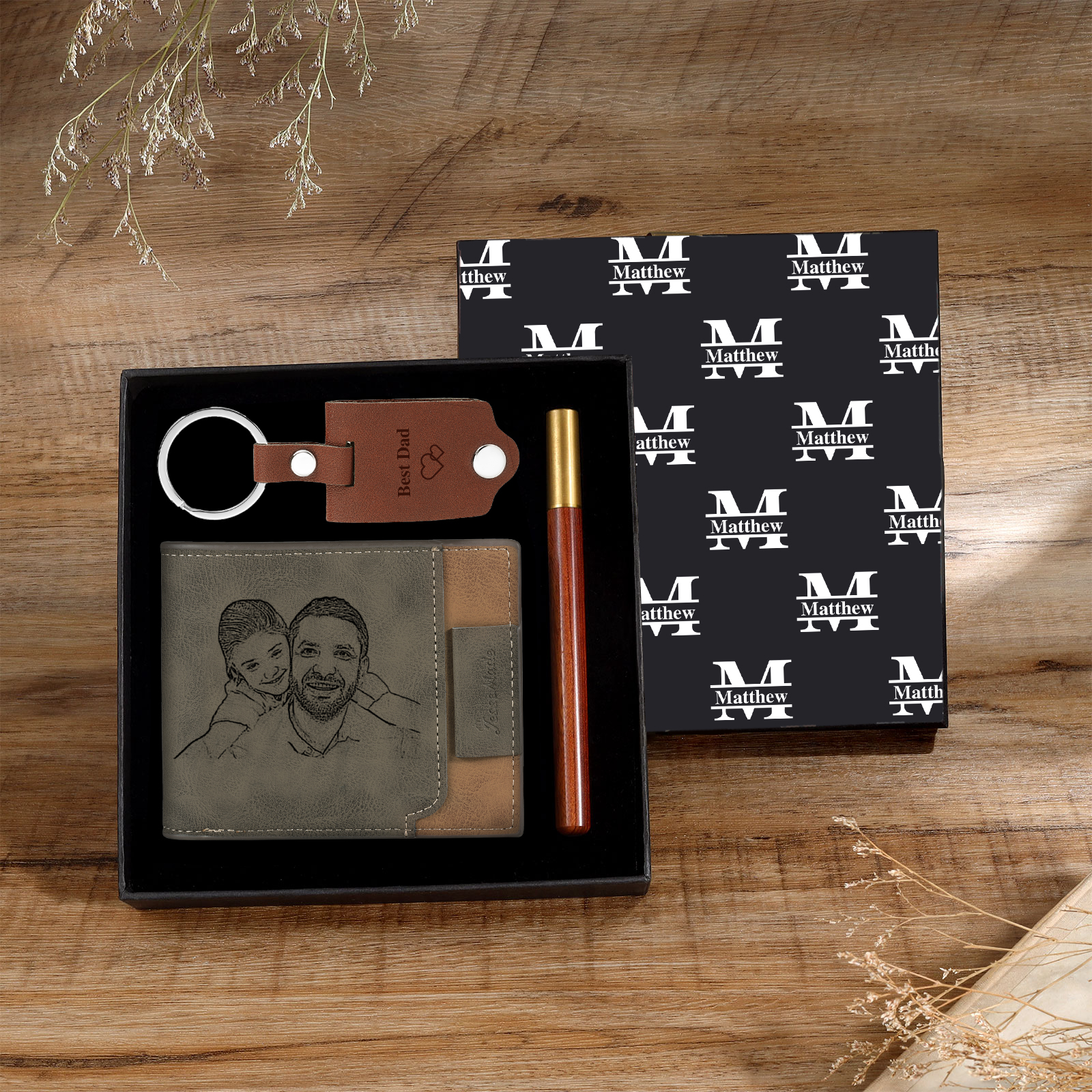 Personalized Leather Wallet Gift Box Set with Keychain Customizable Photo,Text ,Name and Letter Wallet Gift for Him