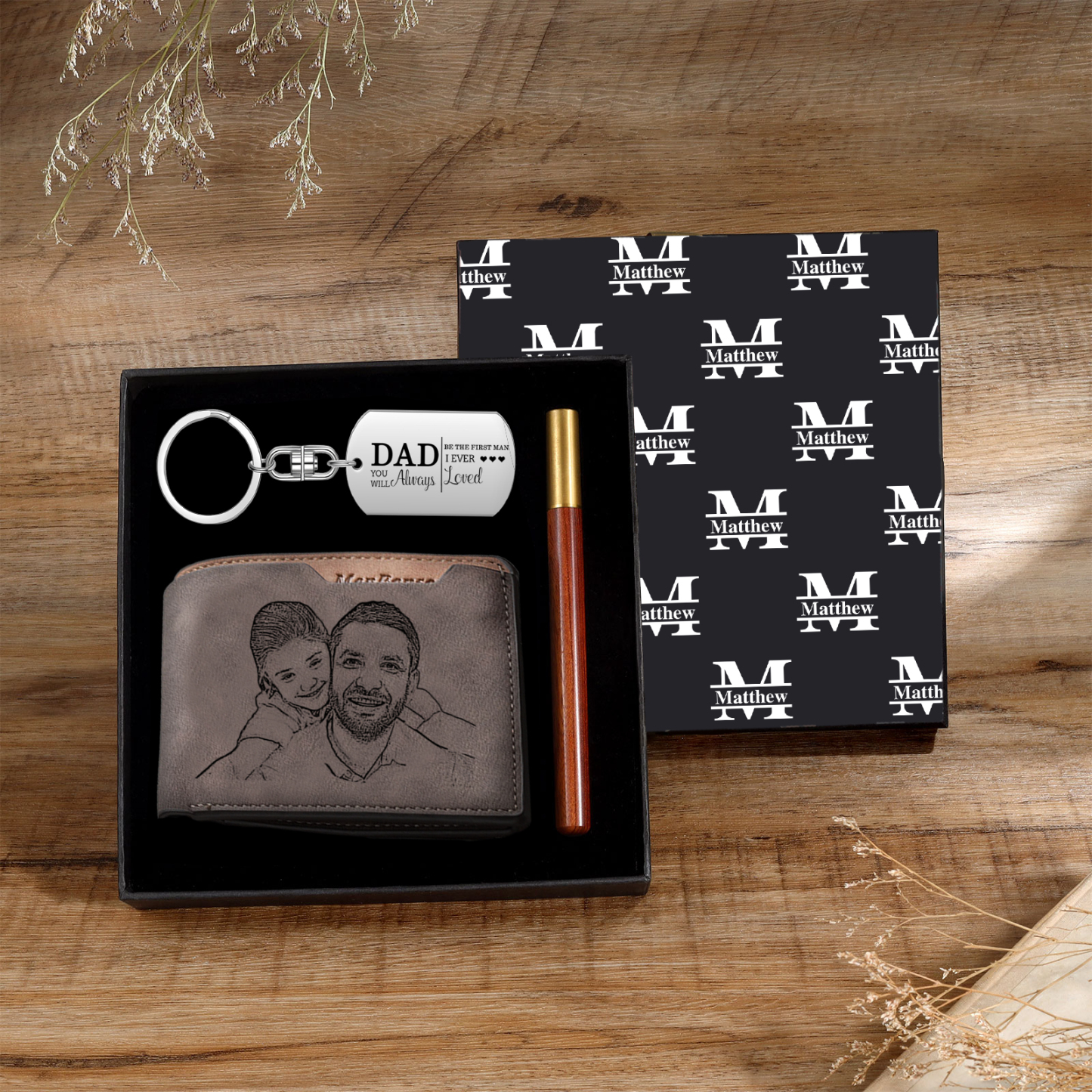 Personalized Leather Wallet Gift Box Set with Keychain Customizable Photo and Text Wallet Gift for Dad