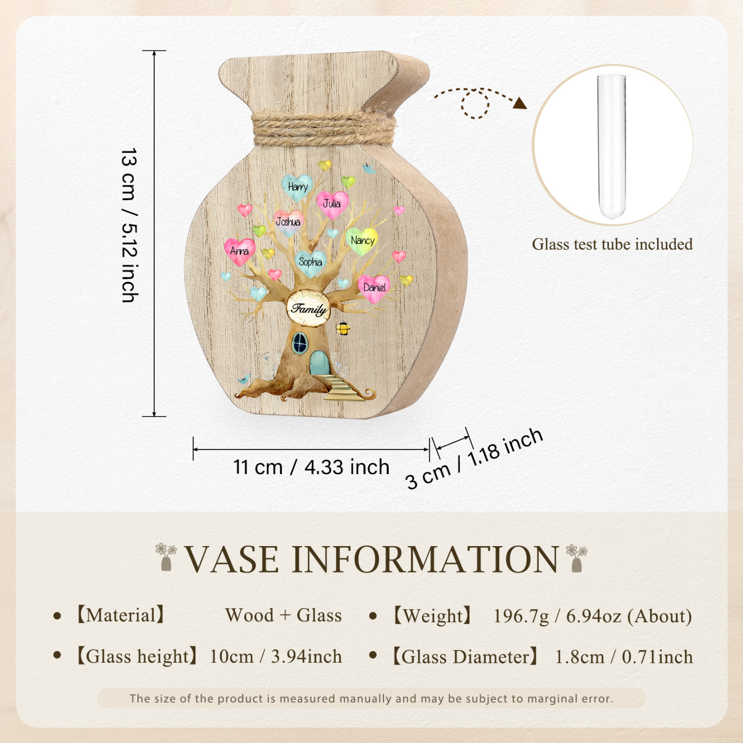 7 Names - Personalized Custom Text and Name Wooden Ornament Vase as A Gift for Family