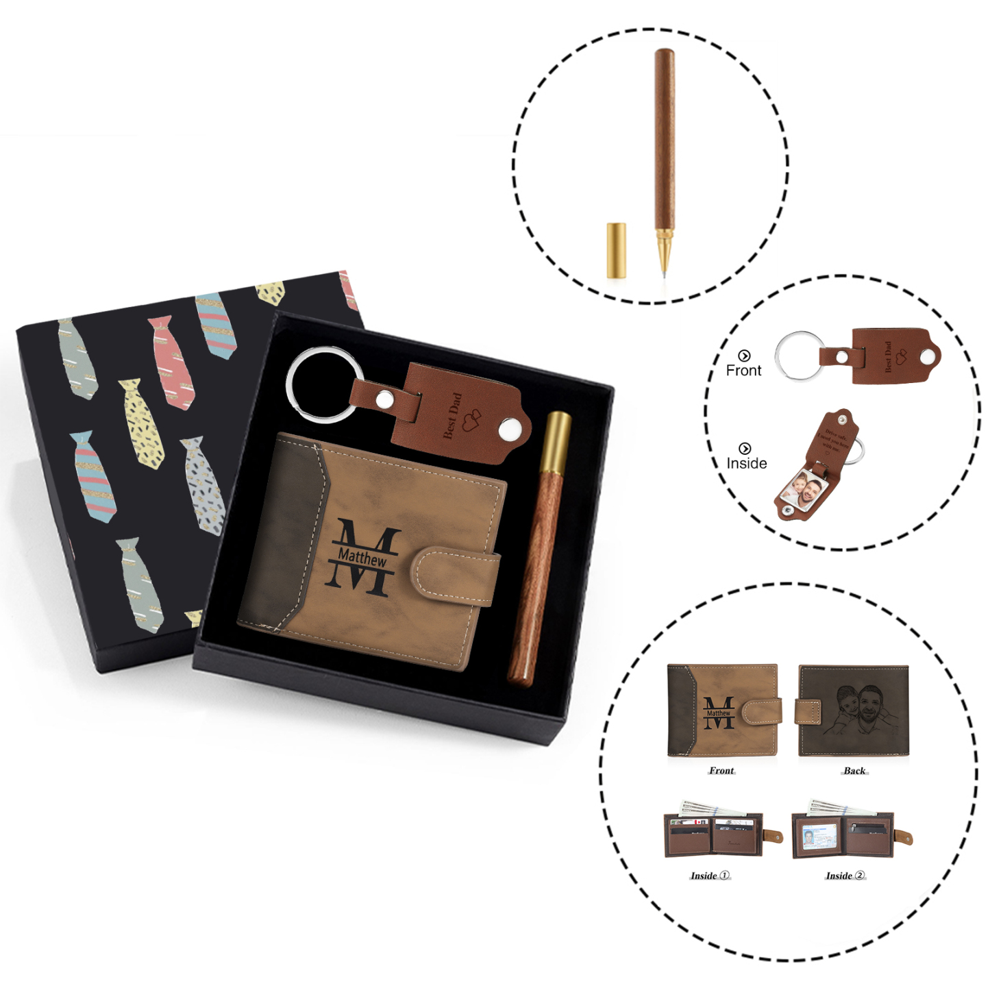 Personalized Leather Wallet Gift Box Set with Keychain Customizable Photo,Text ,Name and Letter Wallet Gift for Him