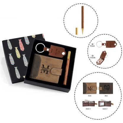 Personalized Leather Wallet Gift Box Set with Keychain Customizable Photo,Text ,Name and Letter Wallet Gift for Him