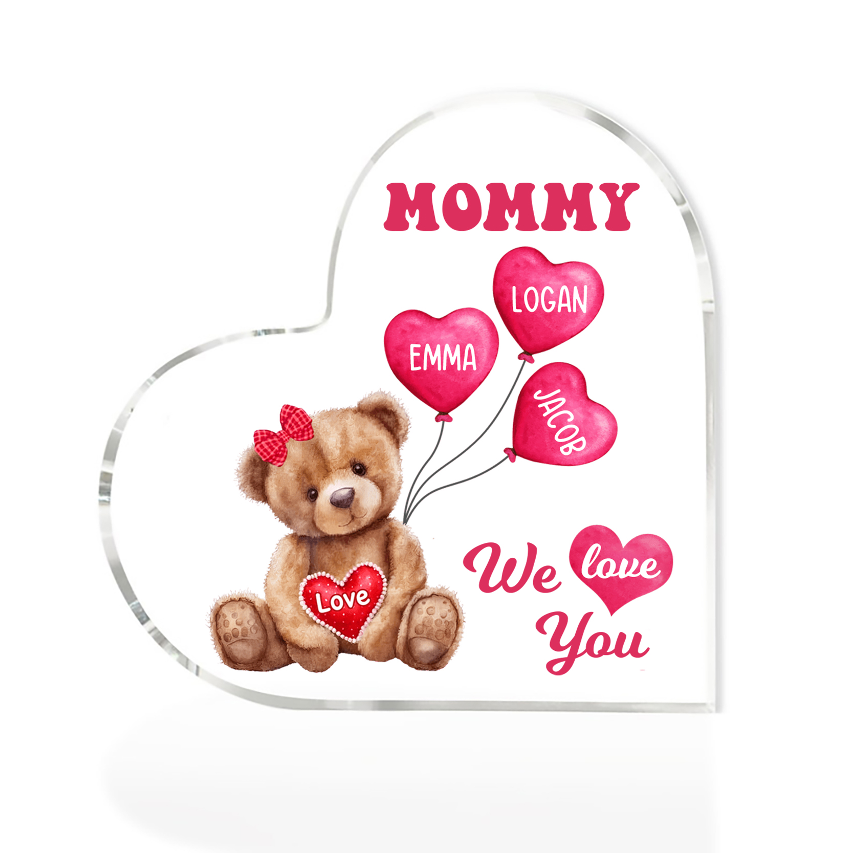 3 Names-Personalized Bear Acrylic Heart Keepsake Custom Text Acrylic Plaque Ornaments Gifts for Mom