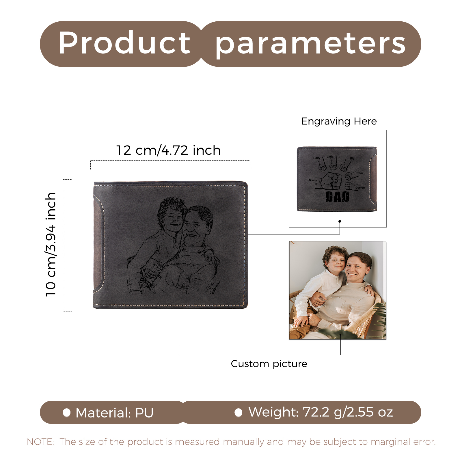 6 Names - Personalized Photo Custom Leather Men's Folding Wallet as a Father's Day Gift for Dad