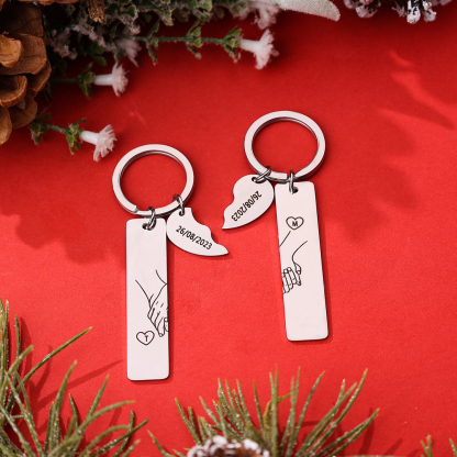 Personalized Hand in Hand Couple Keychain Set With Gift Box Gift Card, Custom Keychain Engrave Name Matching Couple Gifts, Special Gift For Him