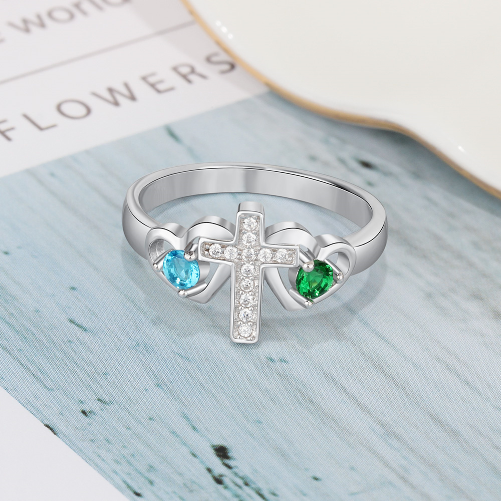 S925 Silver Ring Personalized 2 Birthstones Cross Ring With Names Gifts For Her