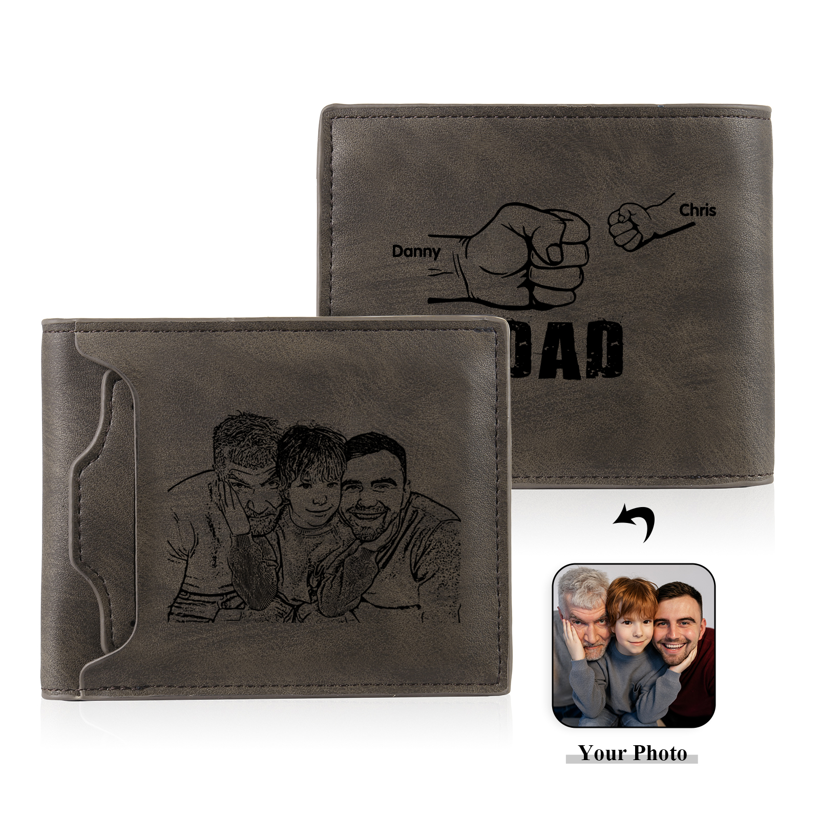 2 Names - Personalized Photo Custom Leather Men's Folding Wallet as a Father's Day Gift for Dad