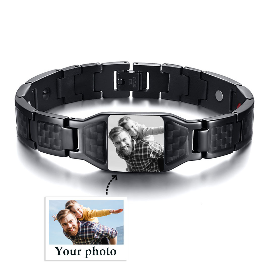 Personalized To My Man Carbon Fiber Energy Bracelet Gift Set, Custom Photo ID Bar Men's Bracelet Bangle Gifts For Him