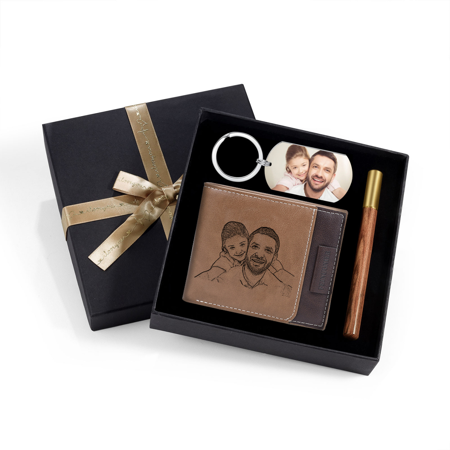 Personalized Leather Wallet Gift Box Set Keychain Strap Customizable 2 Photos and 2 Text Gift for Him