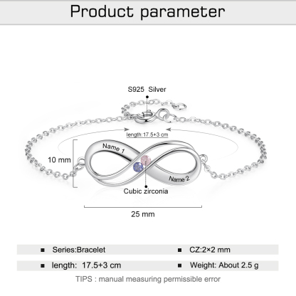 Infinity 925 Sterling Silver Heart 2 Birthstones Bracelet