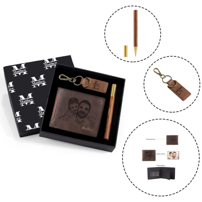 Personalized Leather Wallet Gift Box Set with Letter Name Keychain Customizable Photo and Text Wallet Gift for Him