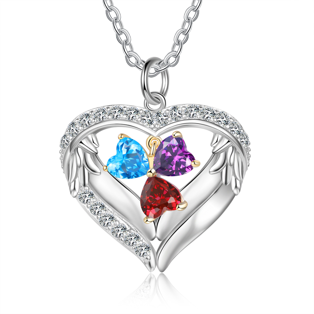 Personalized Wings S925 Silver Necklace With 3 Heart Birthstones Engraved Names Gift For Women
