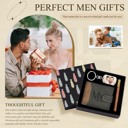 Personalized Leather Wallet Gift Box Set with Keychain Customizable Photo Letter and Name Wallet Gift for Dad