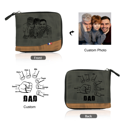 7 Names - Personalized Photo Custom Leather Men's Zipper Wallet as a Father's Day Gift for Dad
