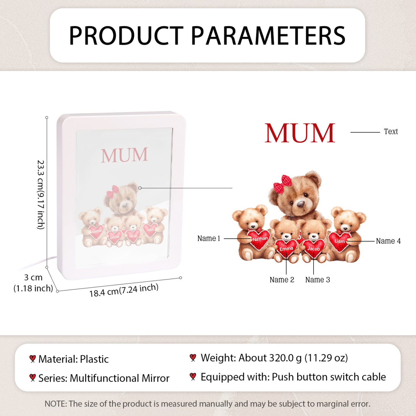 4 Names - Personalized Mum Home Bear Style Custom Text LED Night Light Gift for Mom