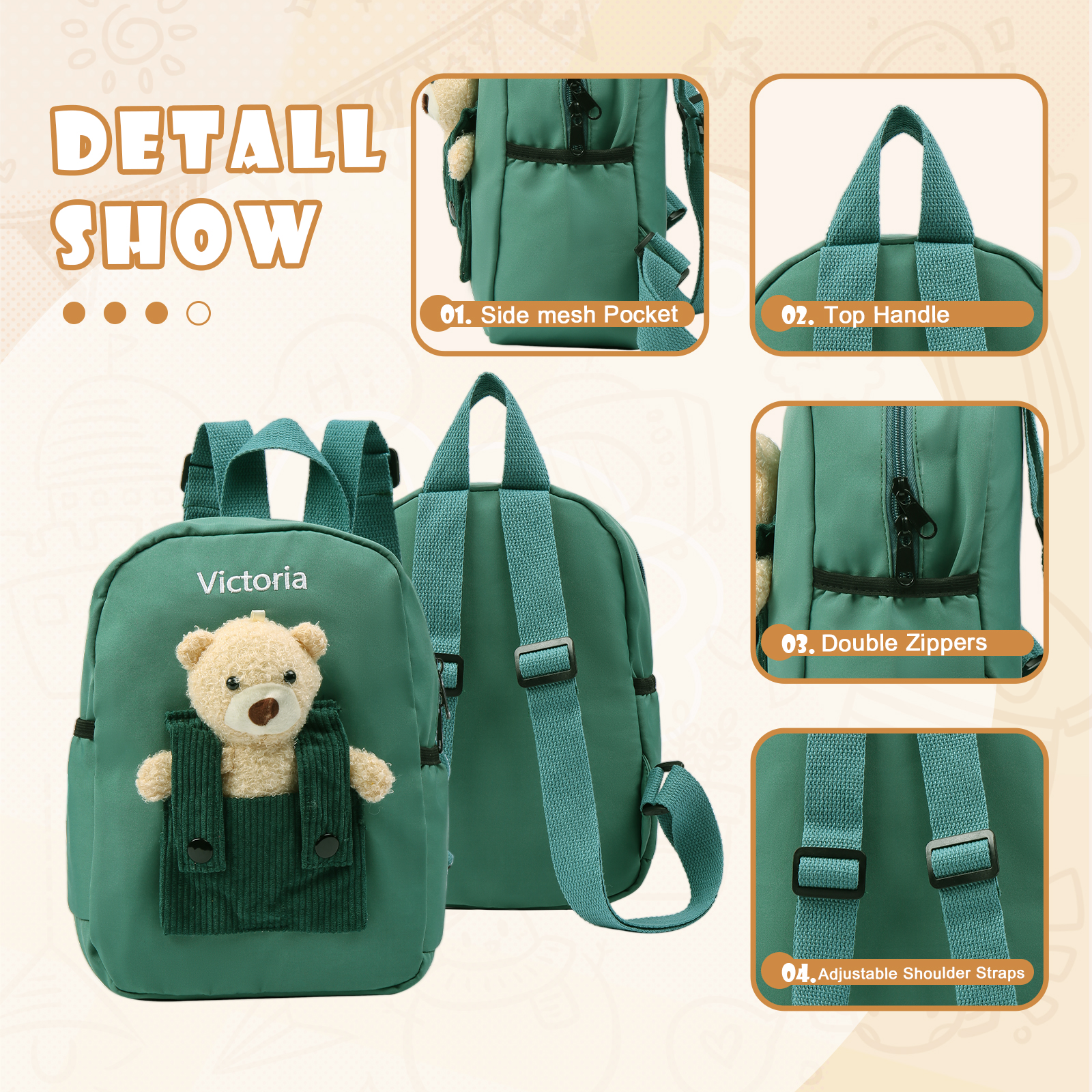 Personalized Bear Style School Bag Customized Name Canvas Kids Backpack Back to School Gift