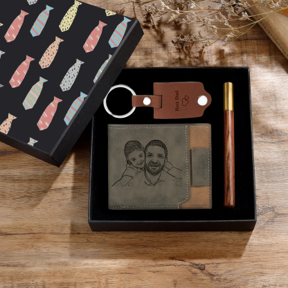 Personalized Leather Wallet Gift Box Set with Keychain Customizable Photo,Text ,Name and Letter Wallet Gift for Him