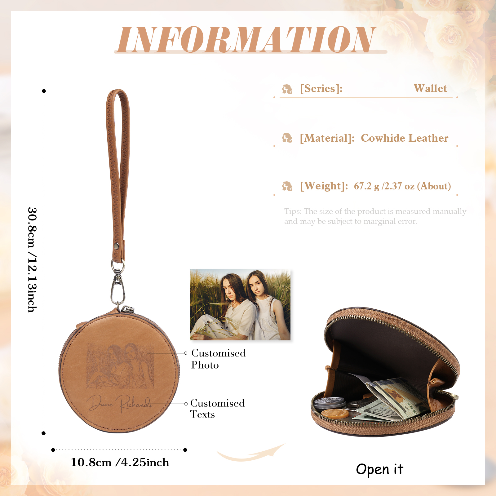 Personalized Photo Quality Leather Round Zipper Wallet Custom Text Wallet Gift for Her