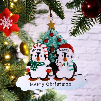 9 Names-Personalized Family Wooden Christmas Ornament-Custom 8 Names Hanging Ornament Gifts For Family-Winter Penguin Family