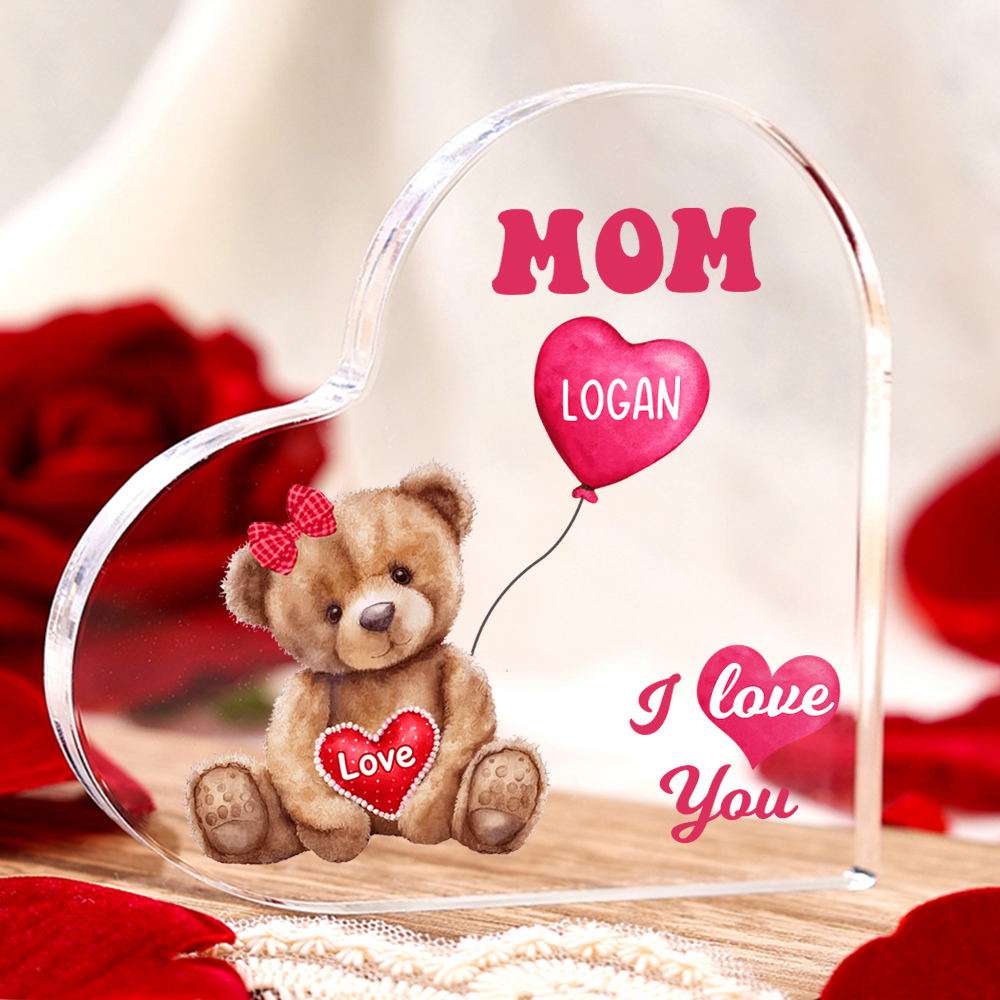 1 Name-Personalized Bear Acrylic Heart Keepsake Custom Text Acrylic Plaque Ornaments Gifts for Mum