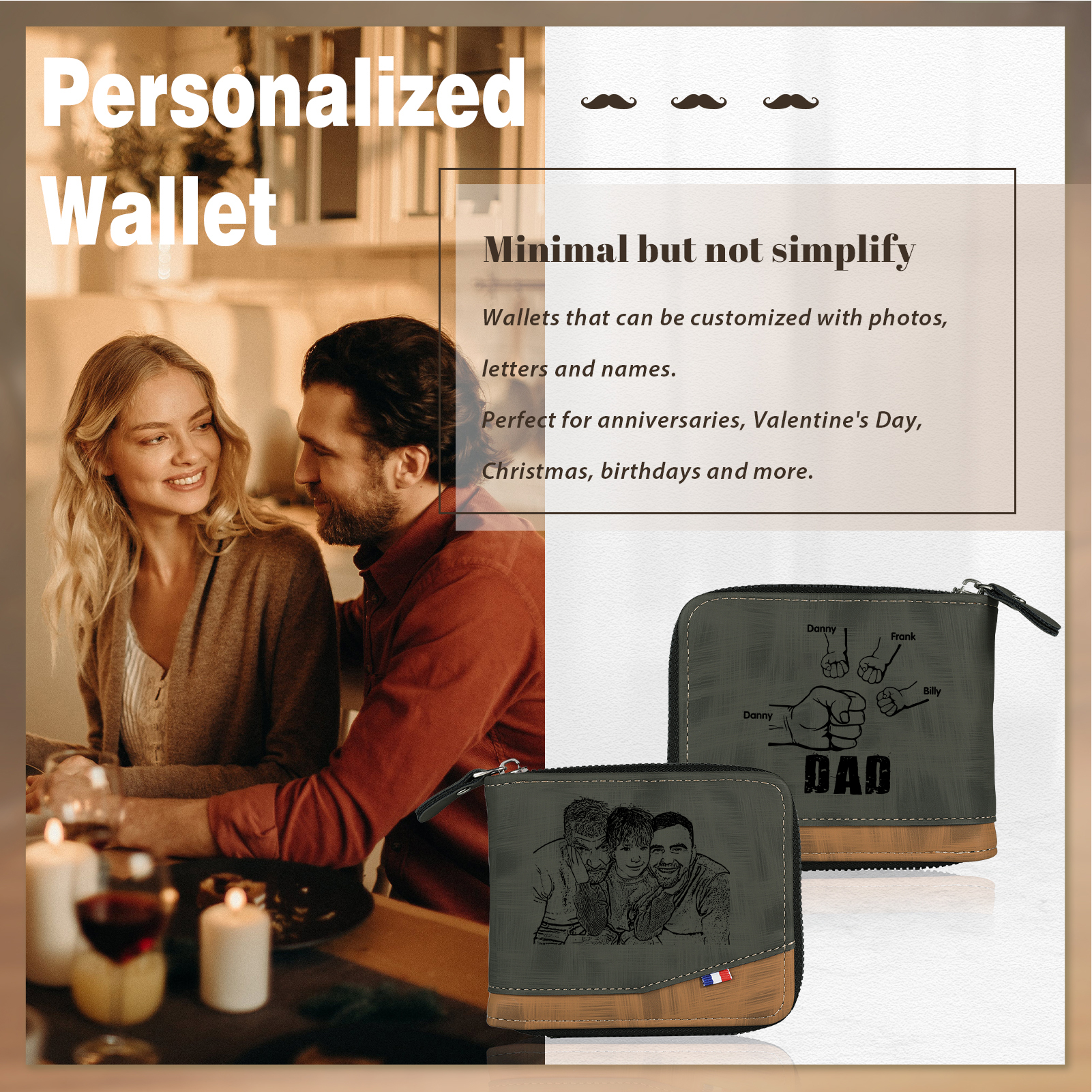 4 Names - Personalized Photo Custom Leather Men's Zipper Wallet as a Father's Day Gift for Dad