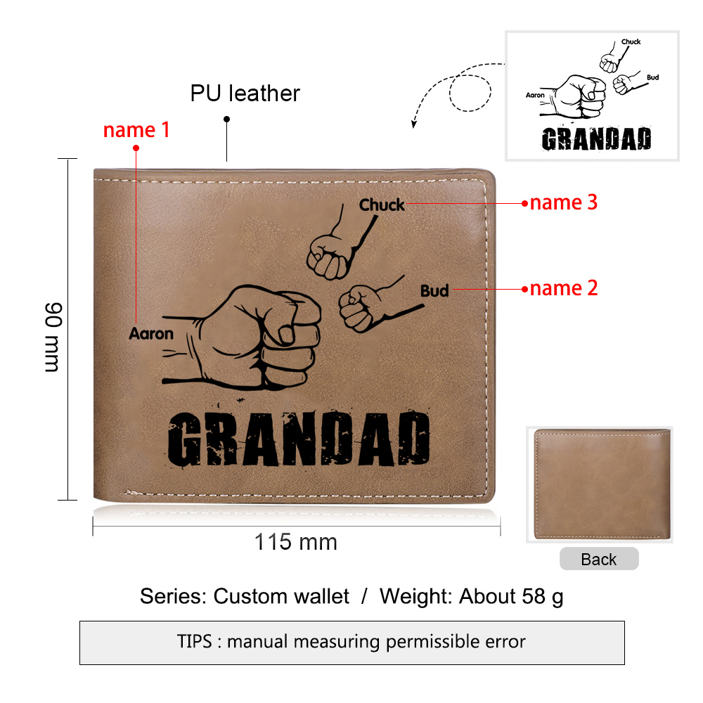 3 Names-Personalized Leather Men Wallet Engraved 3 Names Fist Bump Folding Wallet Gift For Grandad