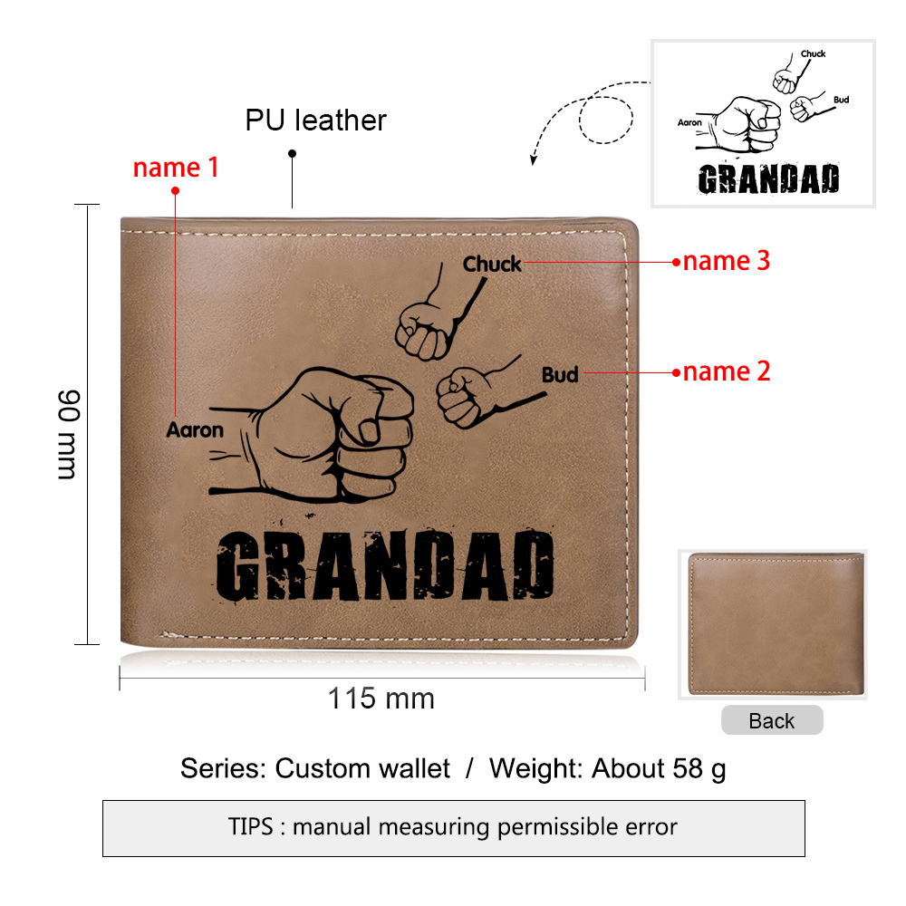 3 Names-Personalized Leather Men Wallet Engraved 3 Names Fist Bump Folding Wallet Gift For Grandad