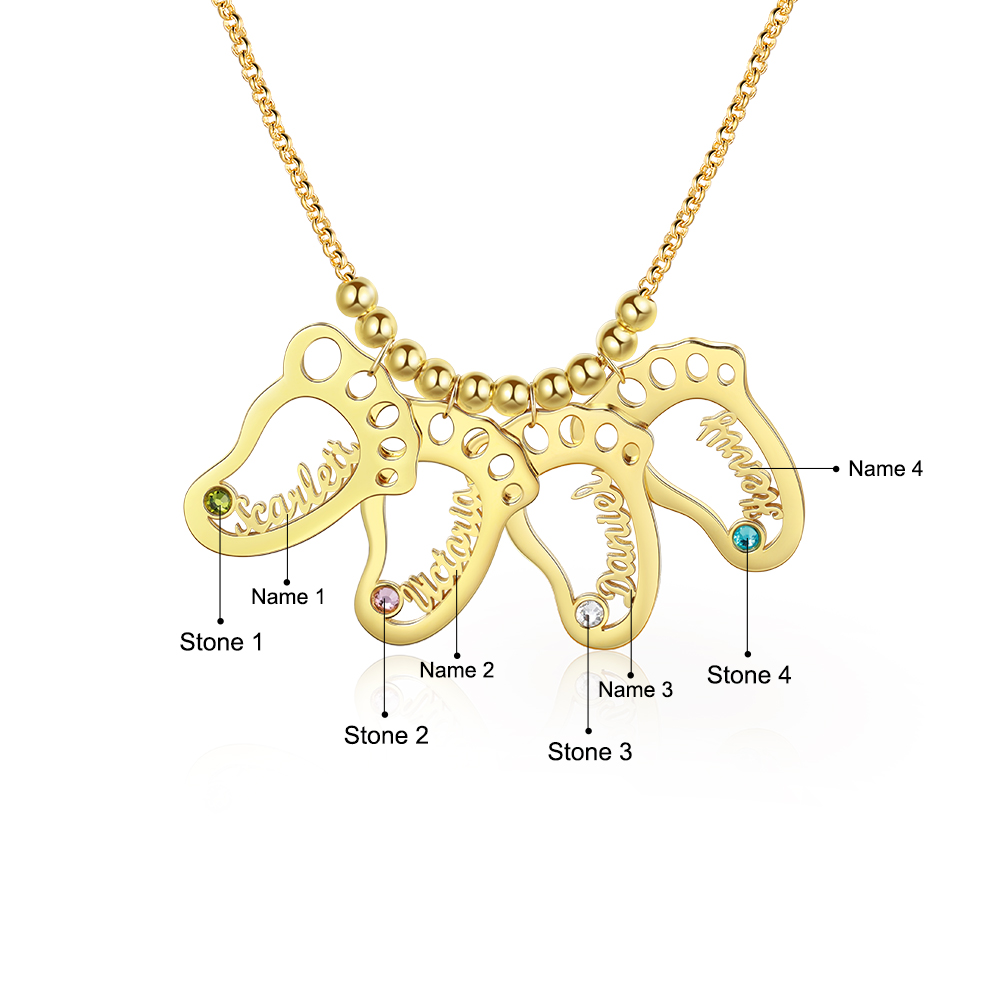 Personalized Baby Foot Engraved 4 Names Birthstones Necklace Gift For Mother