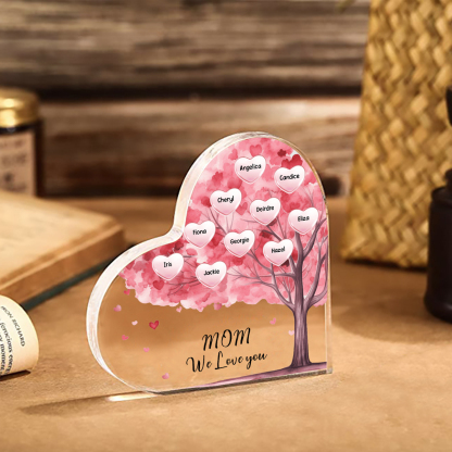 Personalized Heart Shaped Acrylic Plaque Family Tree Gift for Mom - with 1-10 names