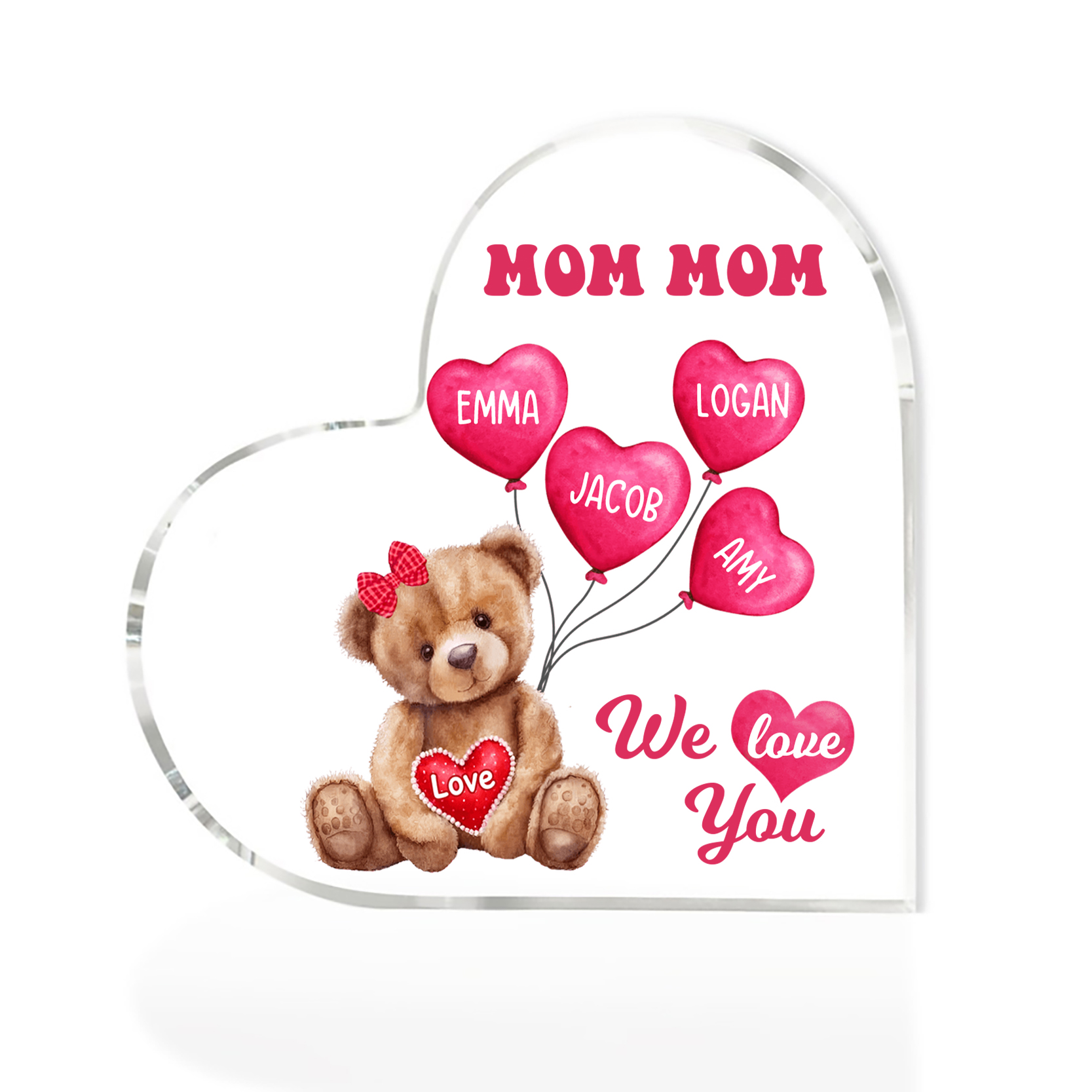 4 Names-Personalized Bear Acrylic Heart Keepsake Custom Text Acrylic Plaque Ornaments Gifts for Mom