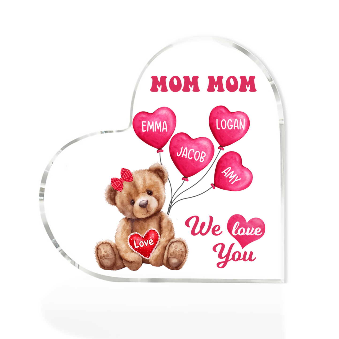4 Names-Personalized Bear Acrylic Heart Keepsake Custom Text Acrylic Plaque Ornaments Gifts for Mom