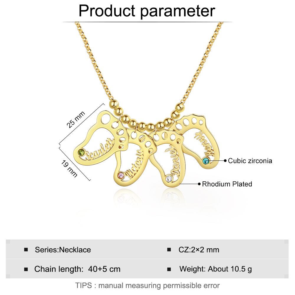 Personalized Baby Foot Engraved 4 Names Birthstones Necklace Gift For Mother
