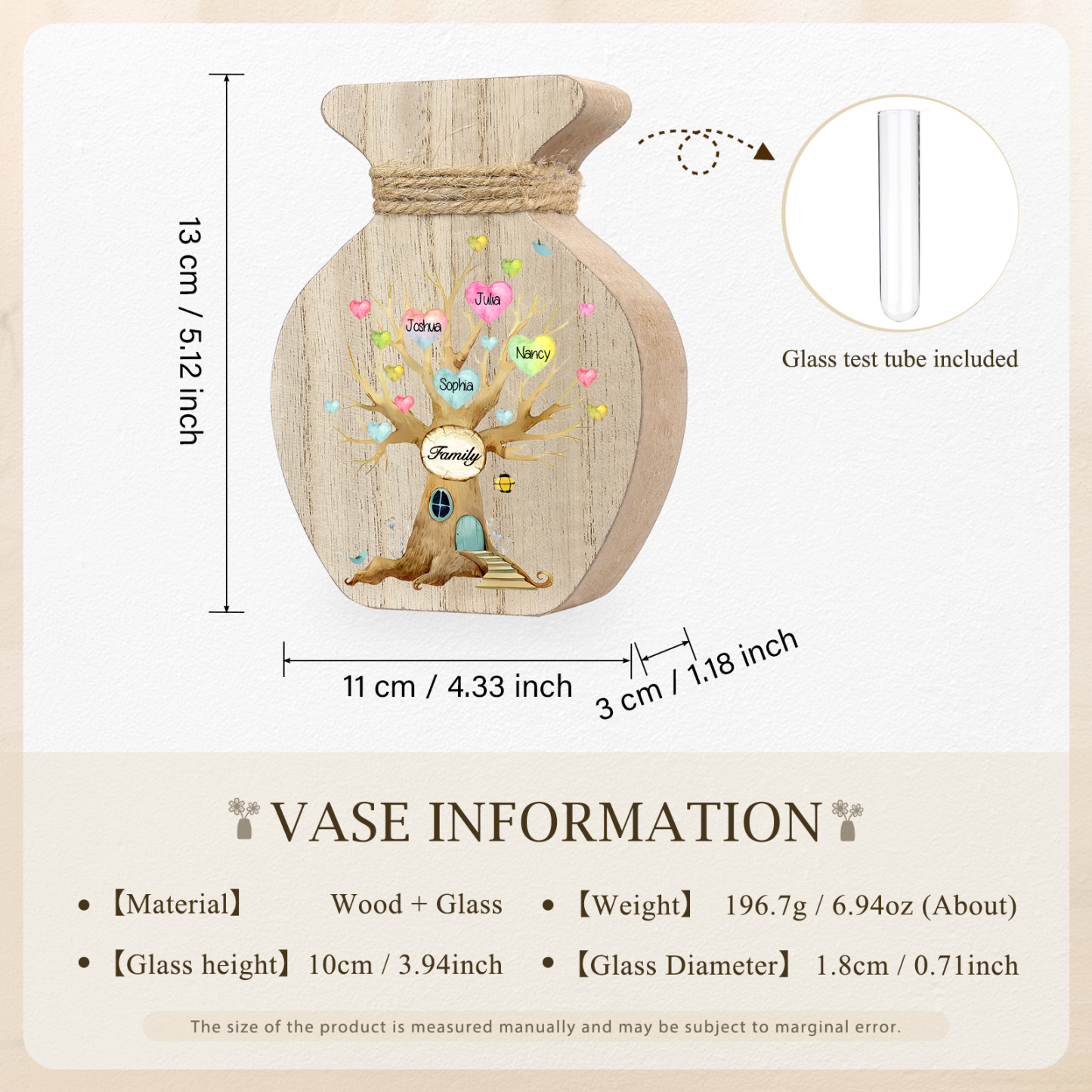 4 Names - Personalized Custom Text and Name Wooden Ornament Vase as A Gift for Family