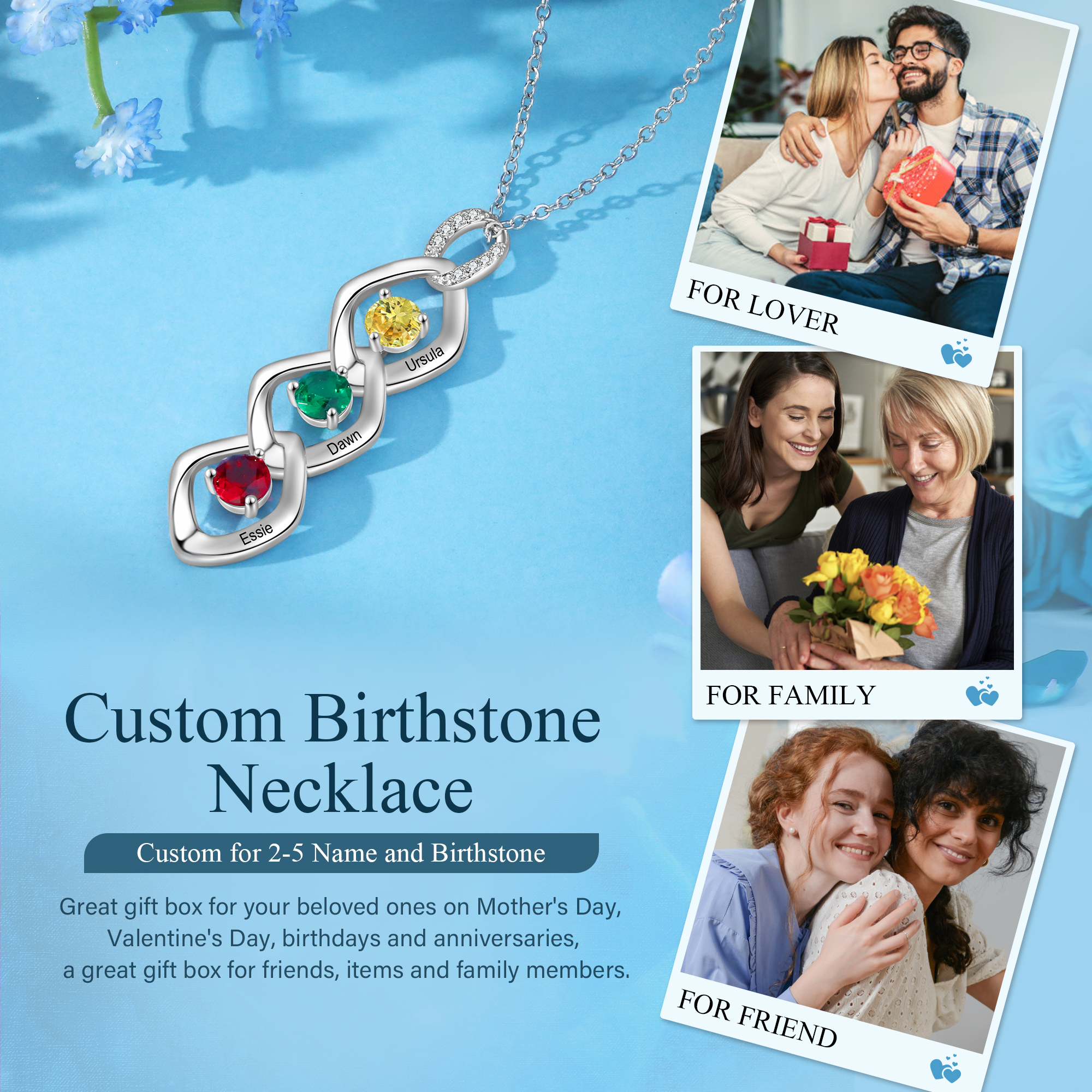 3 Names - Personalized Birthstone Necklace With Name Engraved For A Special Gift For Mom/Grandma