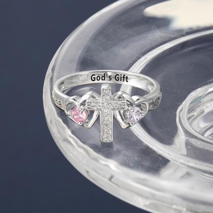S925 Silver Ring Personalized 2 Birthstones Cross Ring With Names Gifts For Her