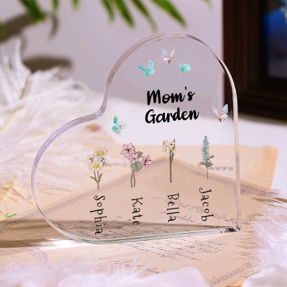 Personalized Heart Shaped Acrylic Plaque - with 1-10 names & birthflowers - Gift for Mom