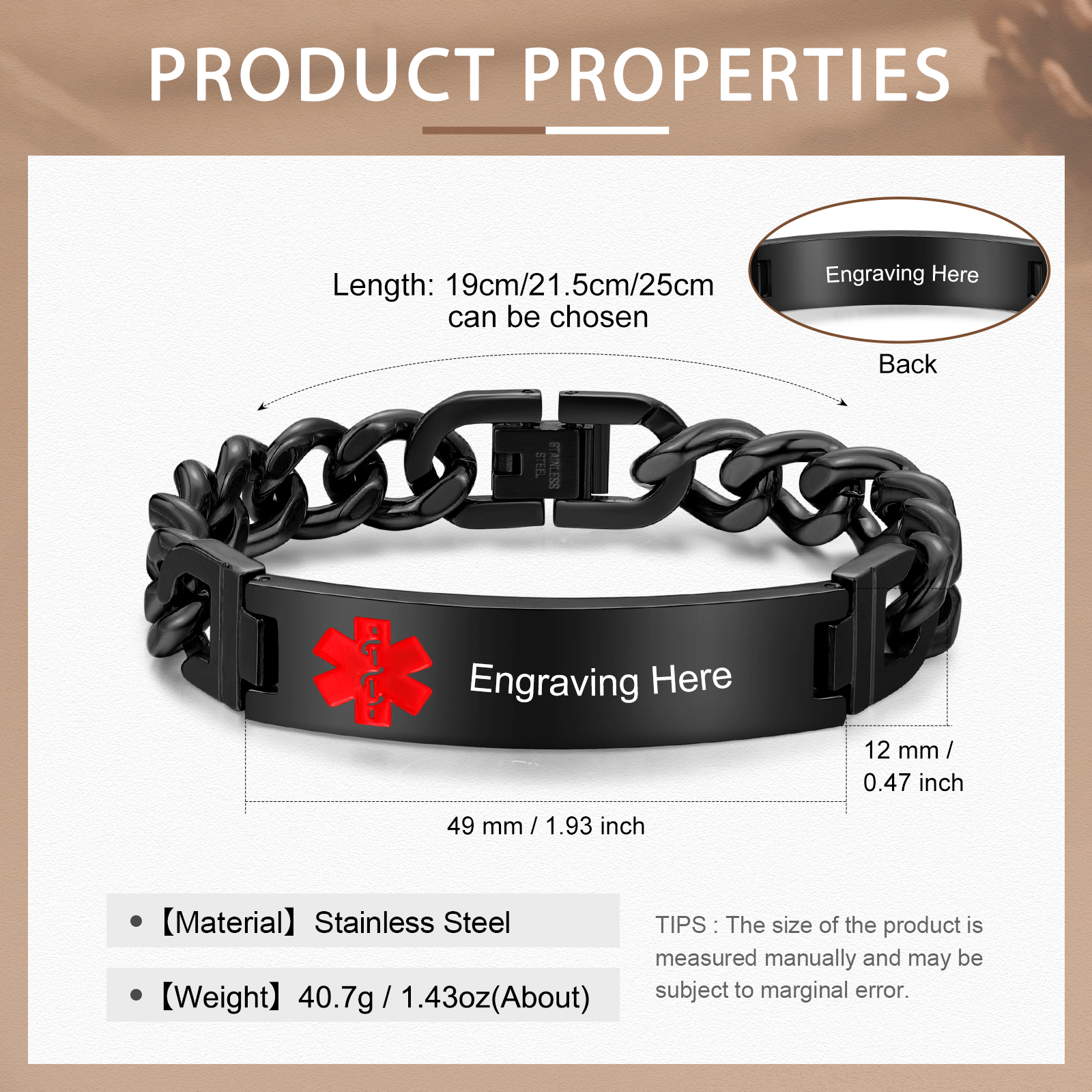 Custom Medical Alert ID Bracelet Practical Gift - Customized in the USA & Ships in 2 Days - for Dad, Mom, Grandpa, Grandma, Friend | Jessemade