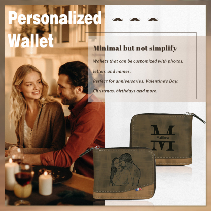 Personalized Name Leather Men's Zipper Wallet With Card Slot Engraved Letter And Photo Gift For Him