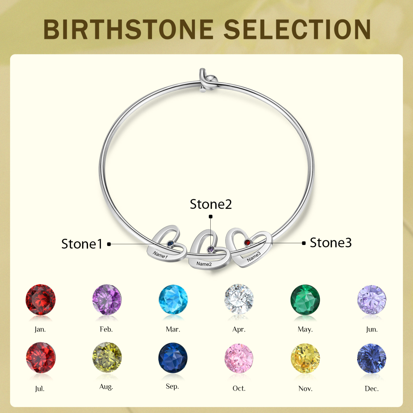 Personalized Heart Bangle With 3 Names and Birthstones Bangle Bracelet Mother's Day Gifts For women