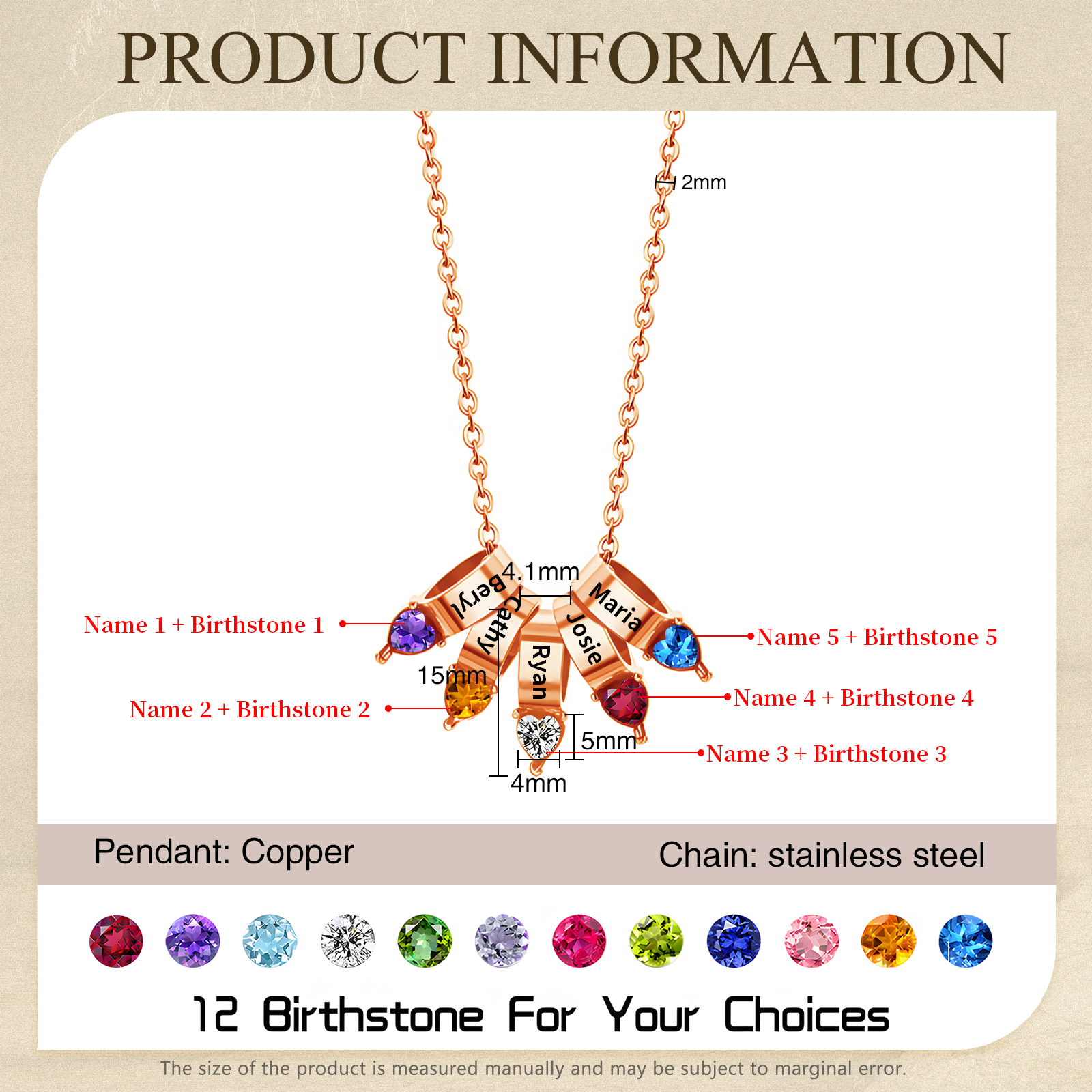 5 Names - Personalized Link Pendant Necklace with Customized Name and Birthstone Gift for Her