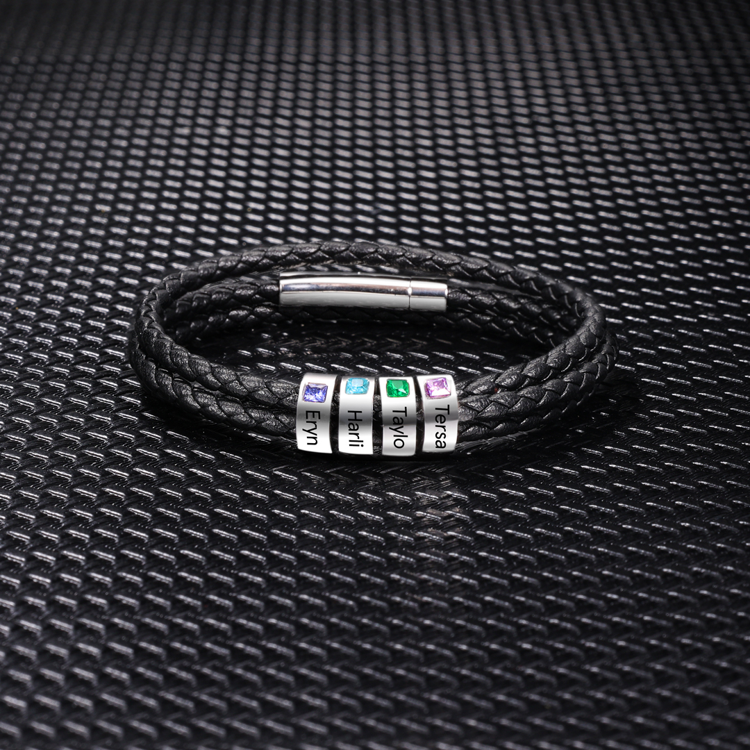 Personalized 3 Layer Leather Bracelet with 3 Beads Engraved Names Men's Bracelets for Him