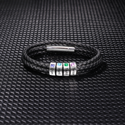 Personalized 3 Layer Leather Bracelet with 3 Beads Engraved Names Men's Bracelets for Him