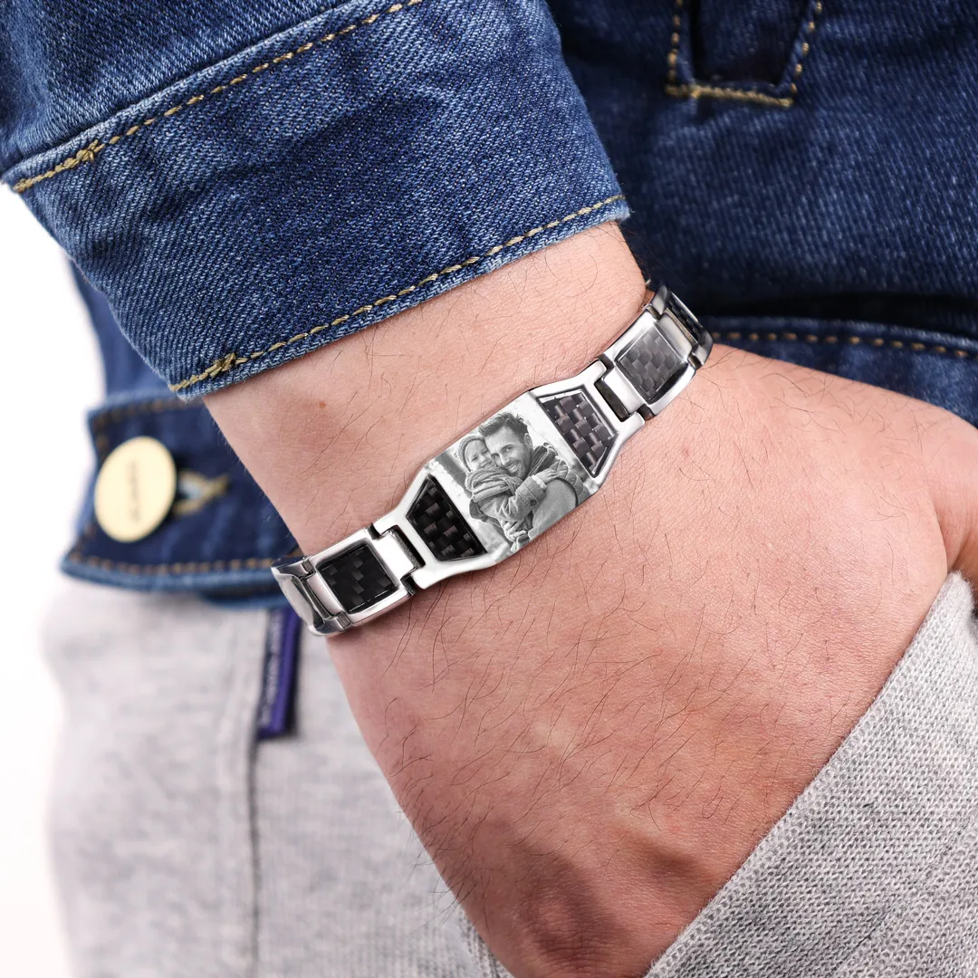 To My Man Personalized Carbon Fiber Energy Bracelet Gift Set, Custom Photo ID Bar Men's Bracelet Bangle Gifts For Him | Jessemade