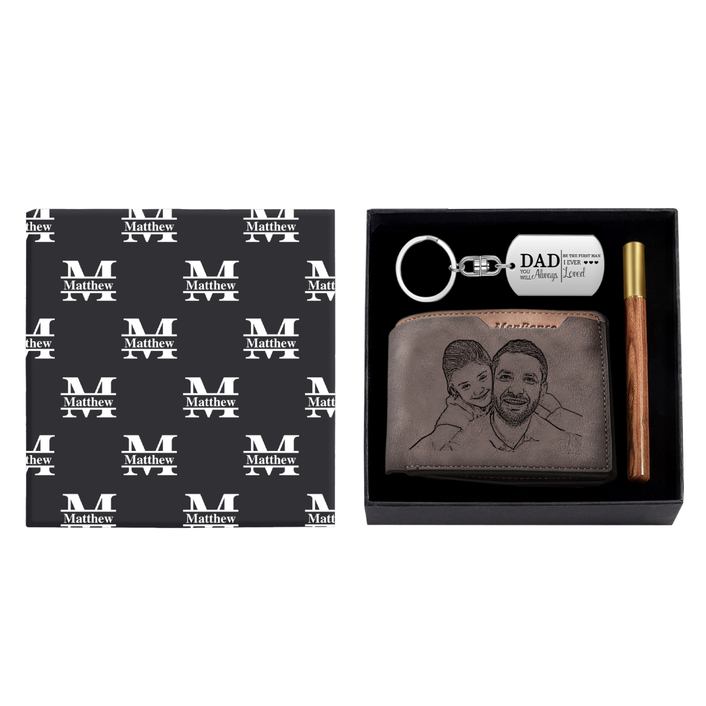 Personalized Leather Wallet Gift Box Set with Keychain Customizable Photo and Text Wallet Gift for Dad