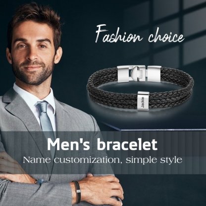 Personalized Braided Leather Bracelet Engraved 1 Name Men's Bracelet Gifts For Him