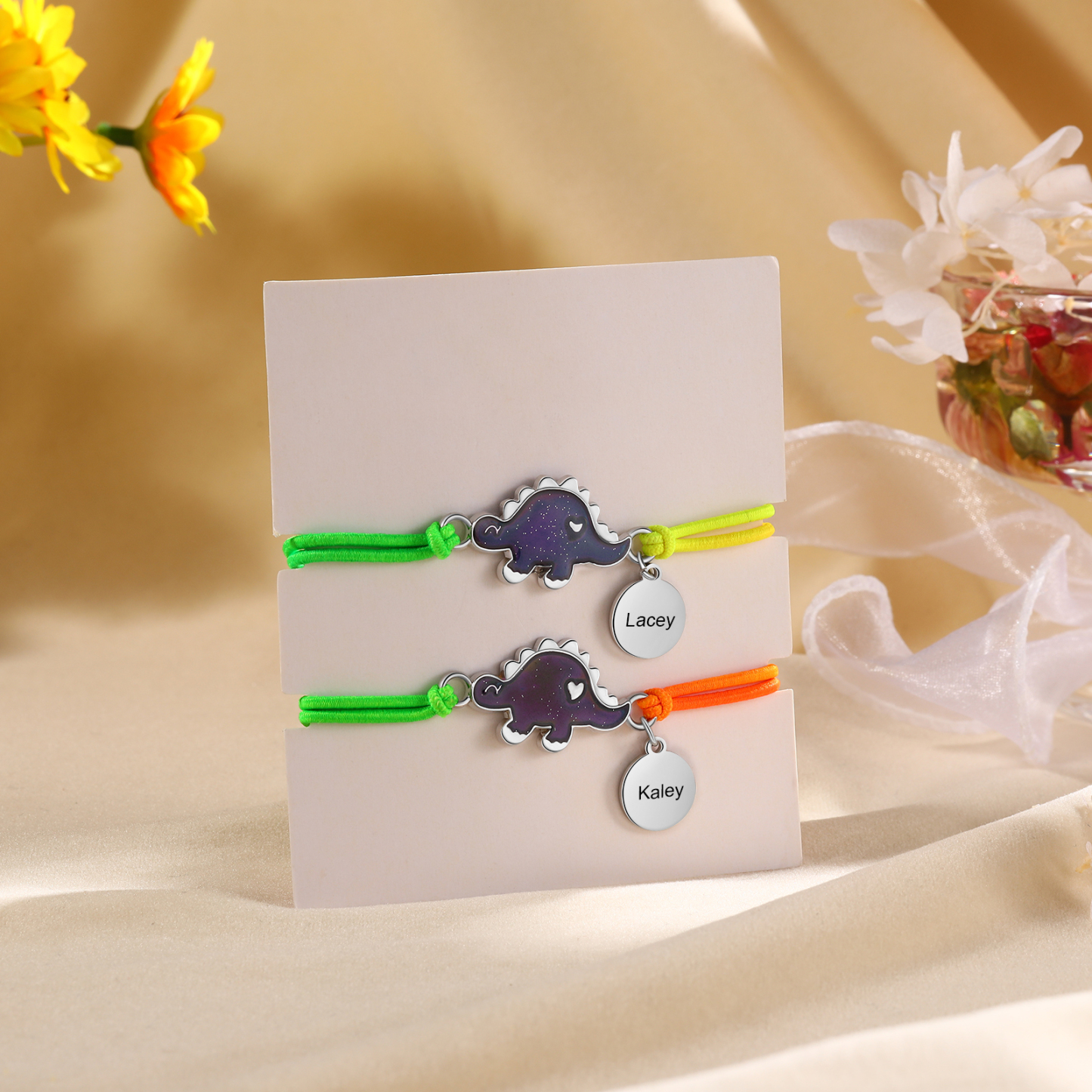 2 Pcs Personalized Name Color Changing Bracelets Cute Cartoon Animal Dinosaur Stretch Bracelet Set Back to School Gift for Girls